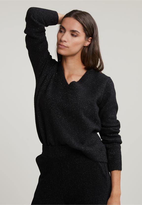 Black V-Neck Lurex Sweater Long Sleeves - Zwart