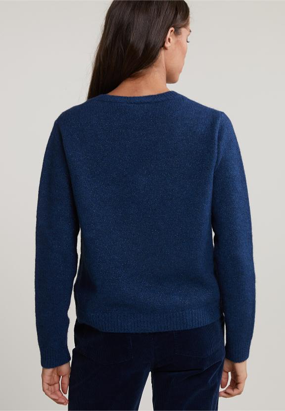 Blue V-Neck Lurex Sweater Long Sleeves - Bleu
