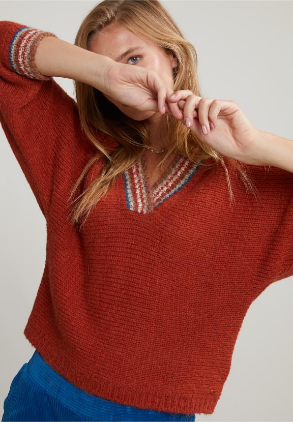 Orange Sweater Striped V-Neck - Orange