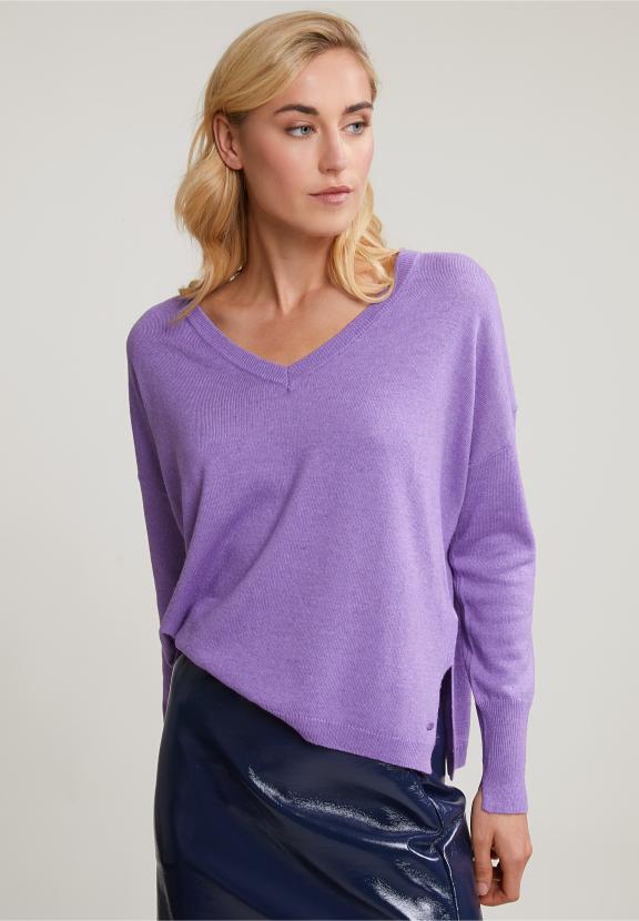 Purple Basic V-Neck Sweater Long Sleeves - Violet