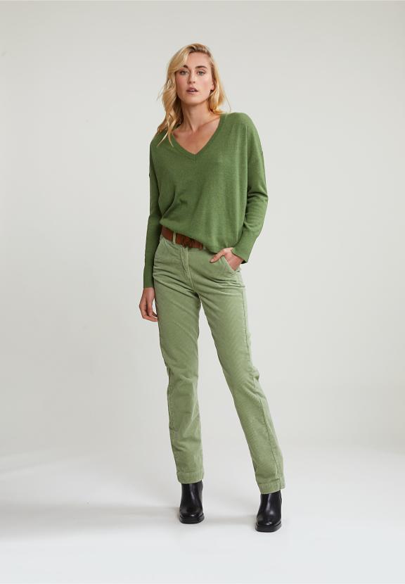 Khaki Basic V-Neck Sweater Long Sleeves - Vert