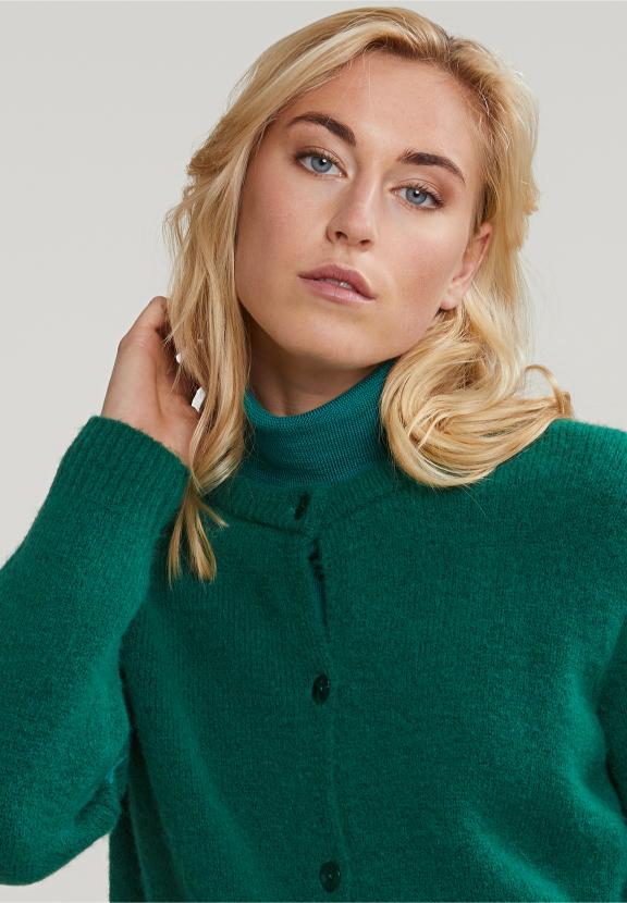 Green Crew Neck Cardigan Applied Pockets - Groen