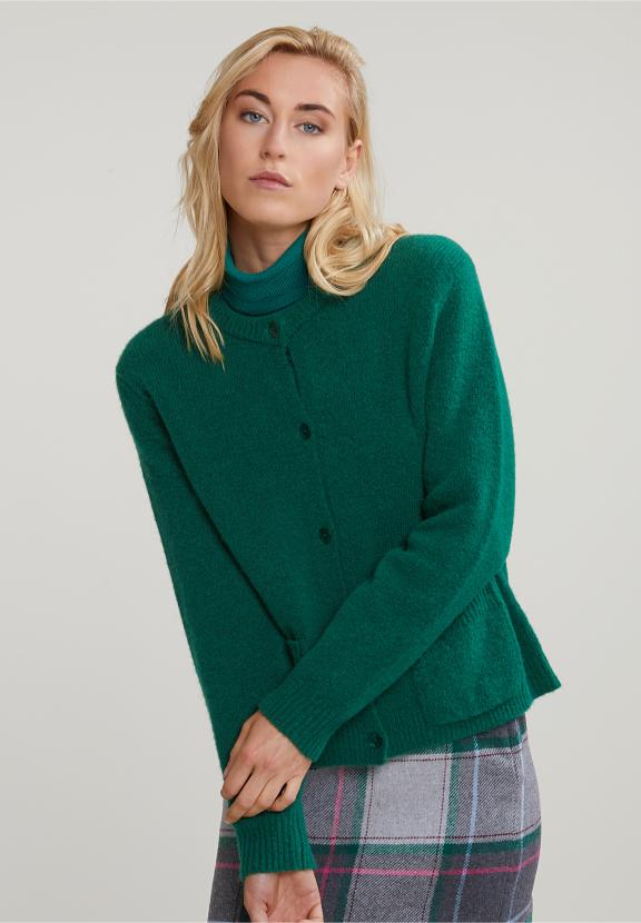Green Crew Neck Cardigan Applied Pockets - Vert