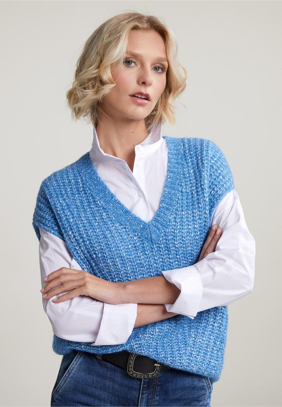 Blue V-Neck Cotton-Alpaca Spencer - Blauw