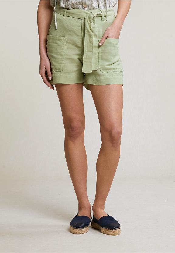 Olive Green Linen-Cotton Belted Short Applied Pockets - Groen