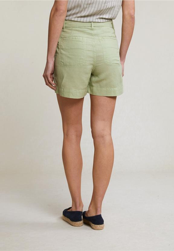 Olive Green Linen-Cotton Belted Short Applied Pockets - Groen