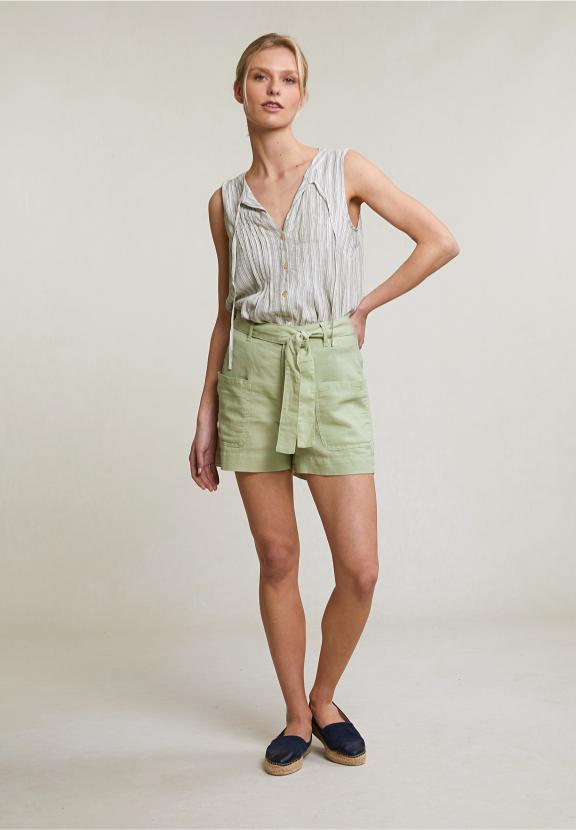 Olive Green Linen-Cotton Belted Short Applied Pockets - Groen