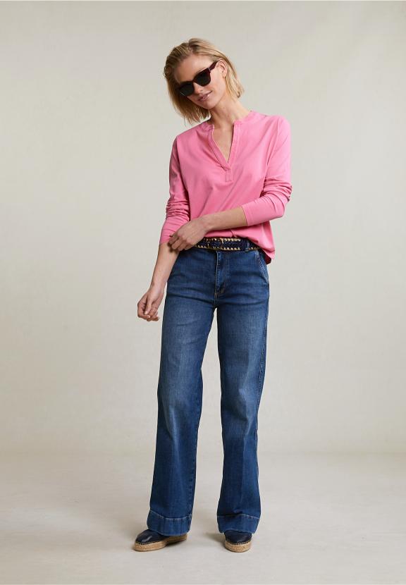 Pink V-Neck T-Shirt Long Sleeves - Roze