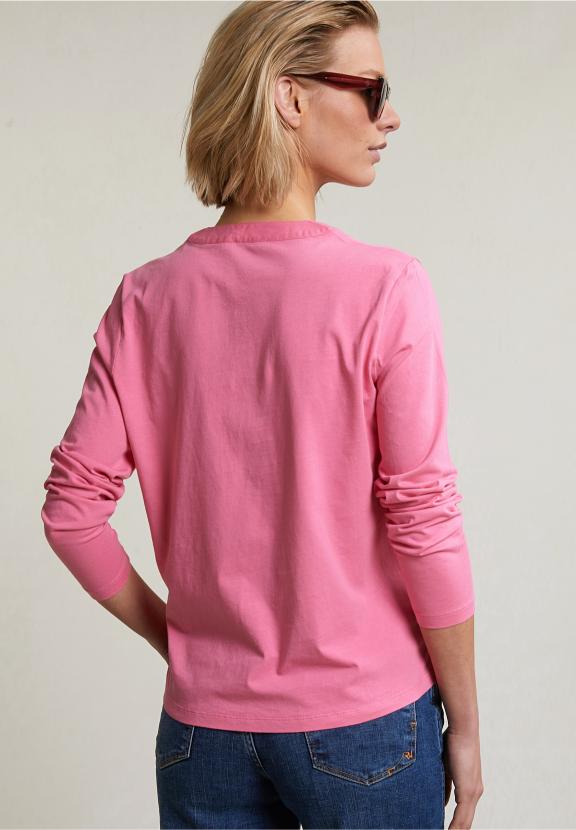 Pink V-Neck T-Shirt Long Sleeves - Roze