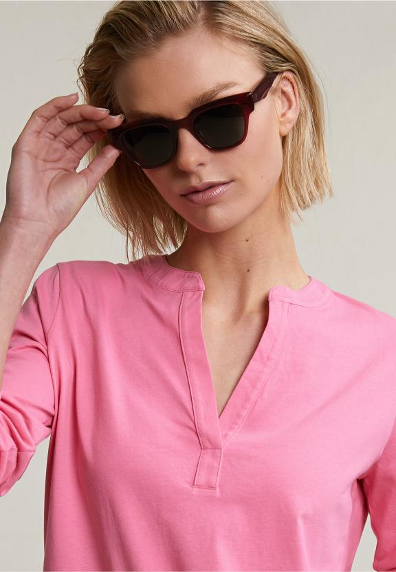 Pink V-Neck T-Shirt Long Sleeves - Roze