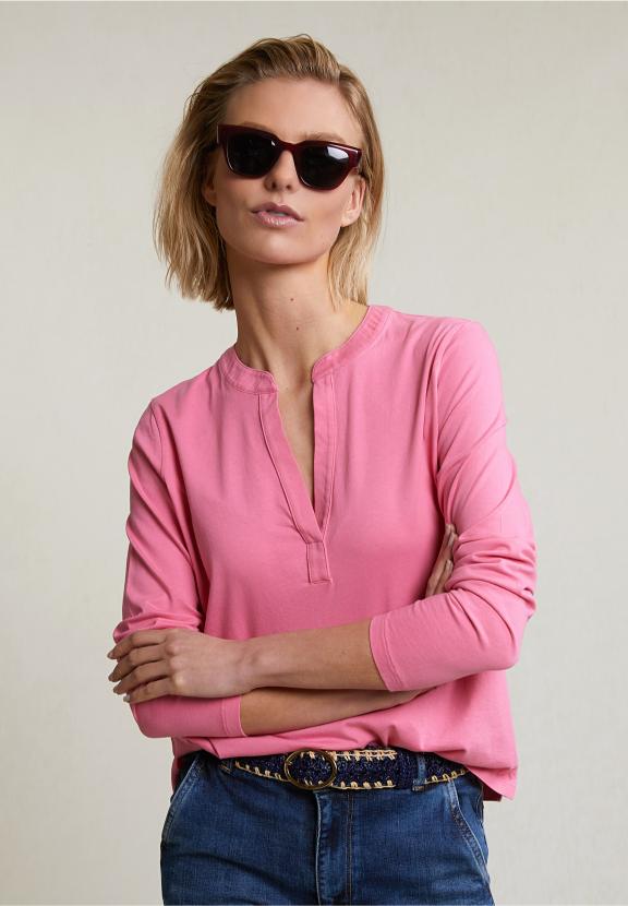 Pink V-Neck T-Shirt Long Sleeves - Roze