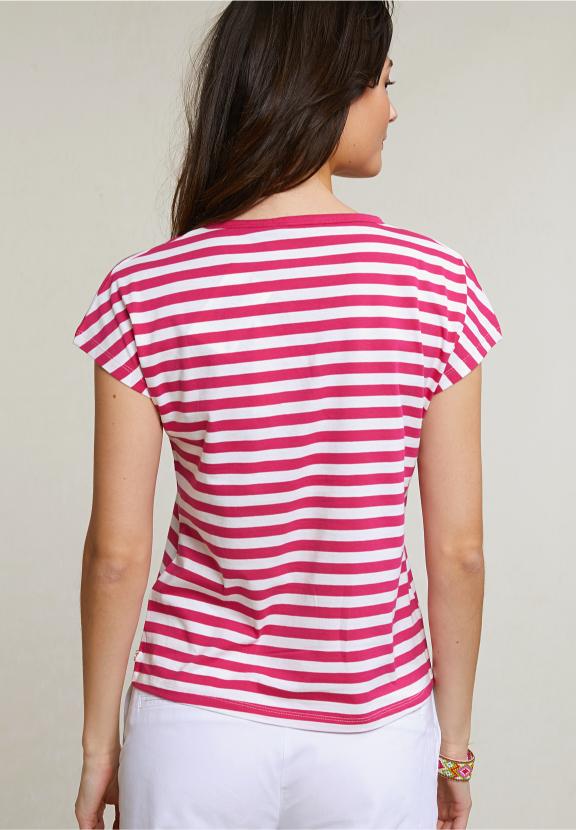 Fuchsia/White Striped V-Neck T-Shirt - Rose