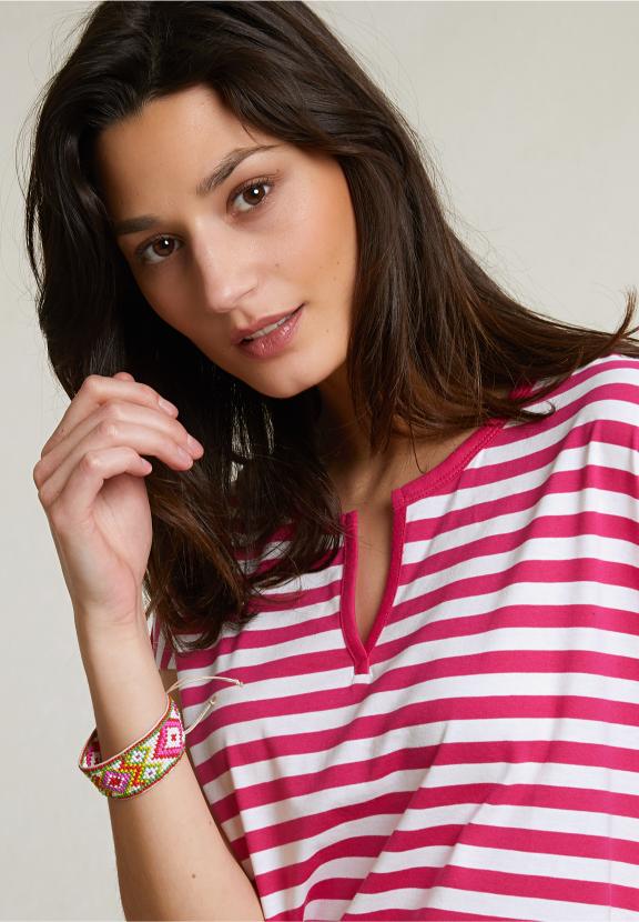 Fuchsia/White Striped V-Neck T-Shirt - Rose