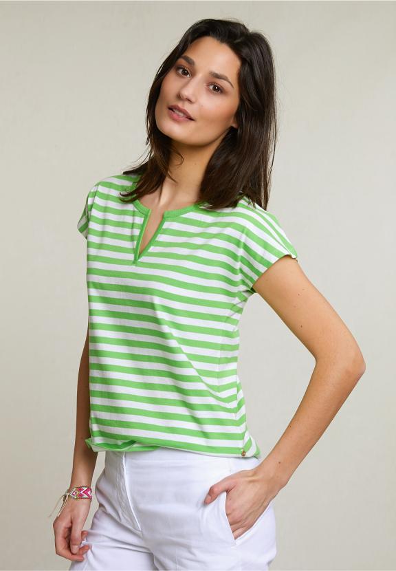 Green/White Striped V-Neck T-Shirt - Groen