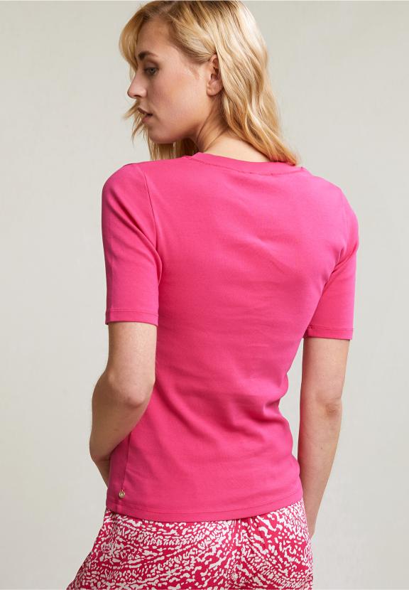 Fuchsia Basic V-Neck T-Shirt 1/2 Sleeves - Roze