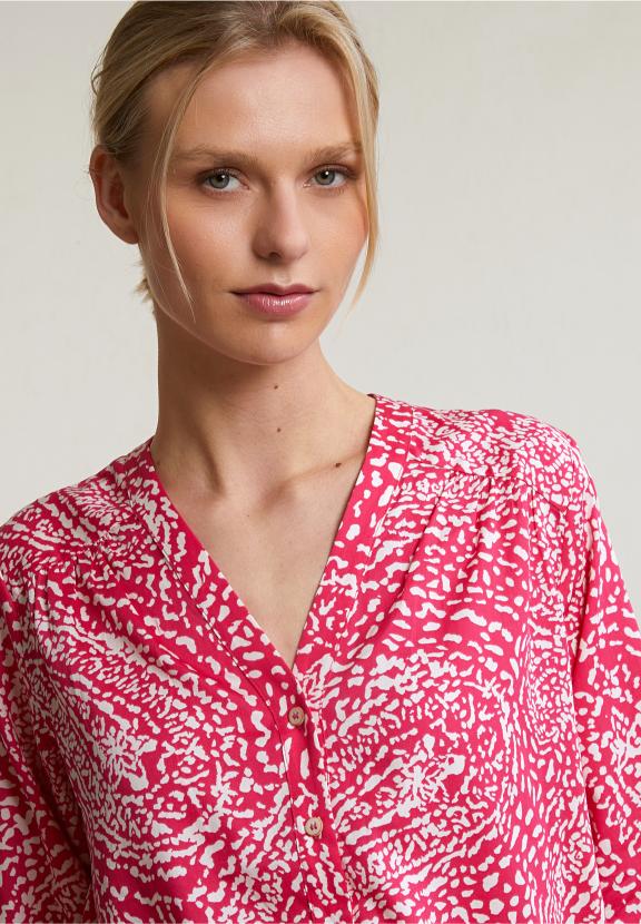 Fuchsia/White Buttoned Fantasy V-Neck Blouse - Mix