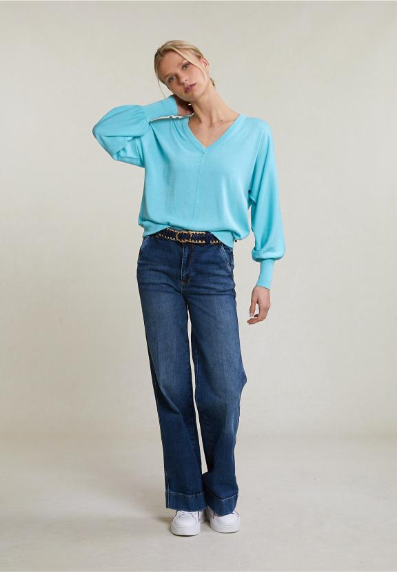 Turquoise V-Neck Sweater Long Sleeves - Blauw