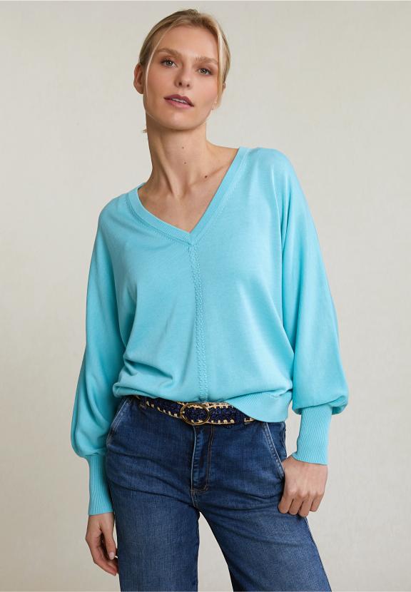 Turquoise V-Neck Sweater Long Sleeves - Blauw