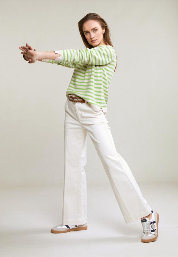 Cream/Green Striped Crew Neck Sweater - Groen