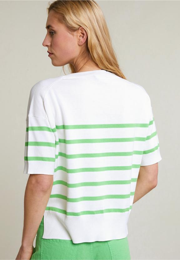 Off White/Green Stiped Sweater Short Sleeves - Groen
