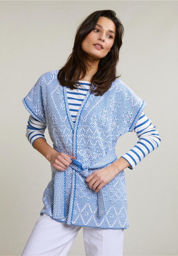 Blue/White Sleeveless Kimono With Belt - Bleu