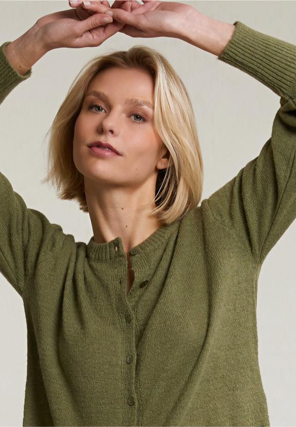 Khaki Buttoned Crew Neck Cardigan - Groen