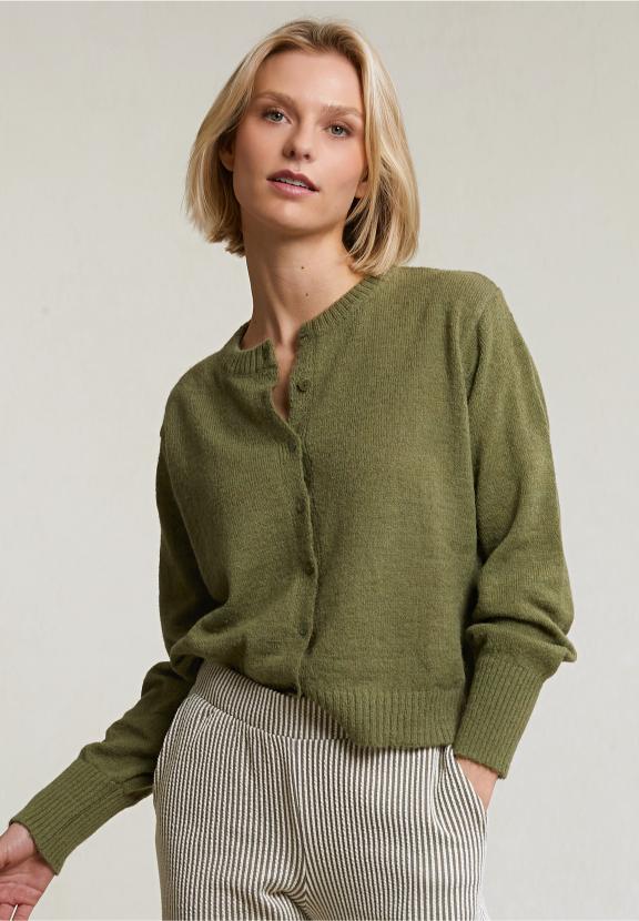 Khaki Buttoned Crew Neck Cardigan - Groen