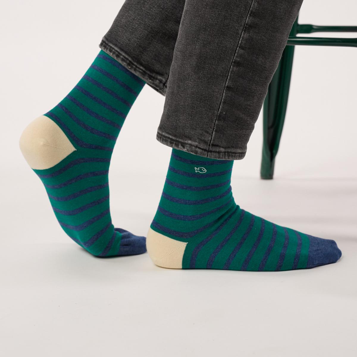 Gestreepte sokken van gekamd katoen - Groen en blauw