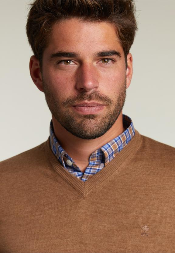 Op Maat Gemaakte Merino V-Hals Trui Crumble Mix - Bruin - W