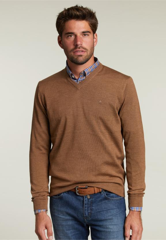 Op Maat Gemaakte Merino V-Hals Trui Crumble Mix - Bruin - W