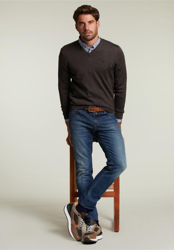 Op Maat Gemaakte Merino V-Hals Trui Barrel Mix - Bruin - RM22W-C9952_A-000 - W