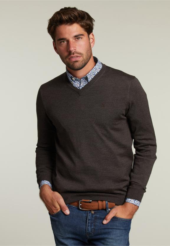 Op Maat Gemaakte Merino V-Hals Trui Barrel Mix - Bruin - RM22W-C9952_A-000 - W