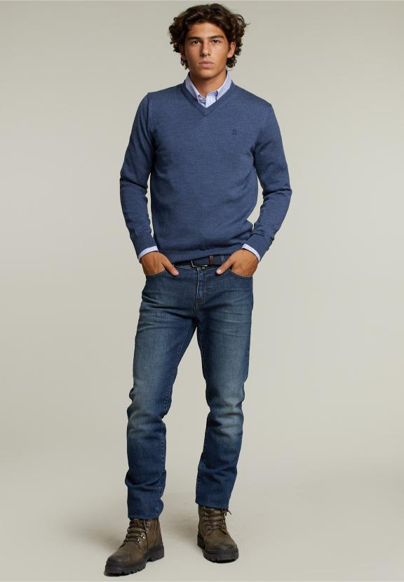 Op Maat Gemaakte Merino V-Hals Trui Denim Mix - Blauw - W