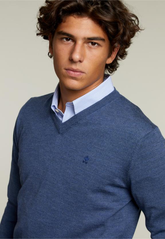 Pull en V sur mesure en mérinos mélange denim - bleu - W
