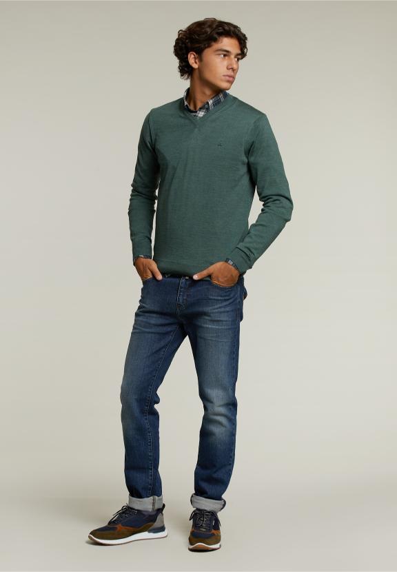 Op Maat Gemaakte Merino V-Hals Trui Cottage Mix - Khaki - W