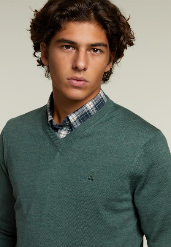 Op Maat Gemaakte Merino V-Hals Trui Cottage Mix - Khaki - W