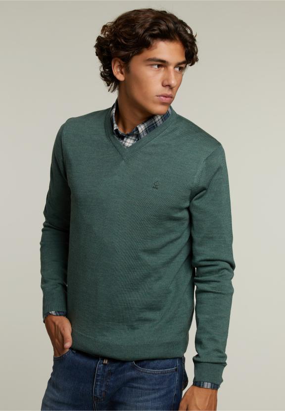 Op Maat Gemaakte Merino V-Hals Trui Cottage Mix - Khaki - W