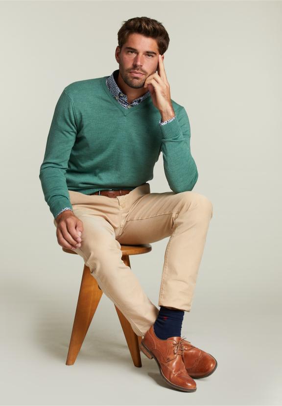 Custom Fit Merino V-Neck Pullover Scotch Mix - Groen