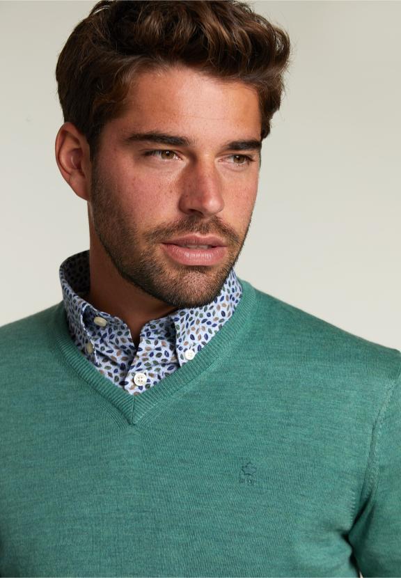 Custom Fit Merino V-Neck Pullover Scotch Mix - Groen