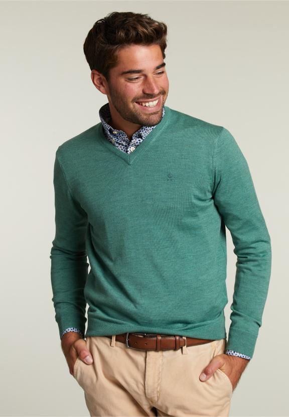 Custom Fit Merino V-Neck Pullover Scotch Mix - Groen