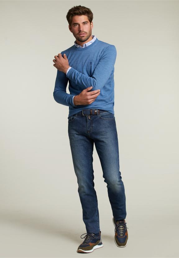 Pull Col Rond Sur Mesure en Laine Mérinos Wall Street Mix - Bleu - W