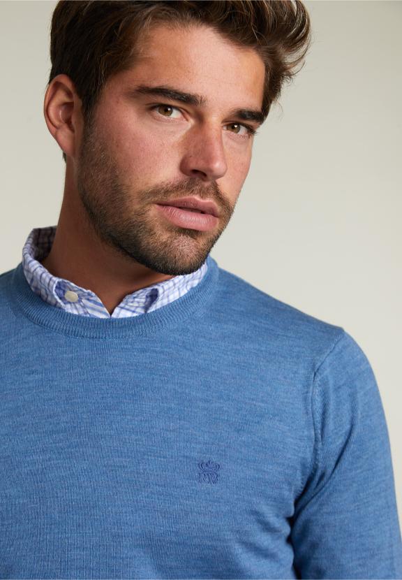 Op Maat Gemaakte Merino Ronde Hals Trui Wall Street Mix - Blauw - W