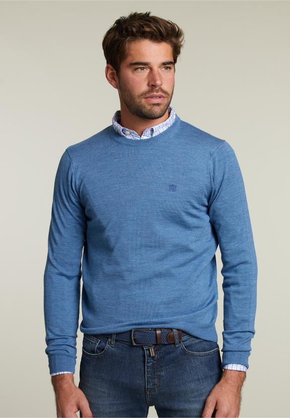 Op Maat Gemaakte Merino Ronde Hals Trui Wall Street Mix - Blauw - W