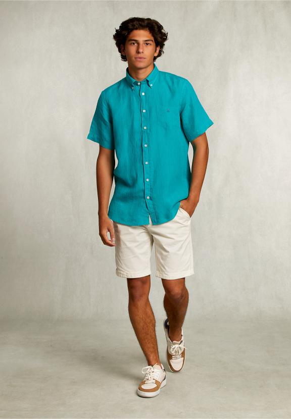 Custom Fit Linen Shirt Short Sleeves Lime - Groen