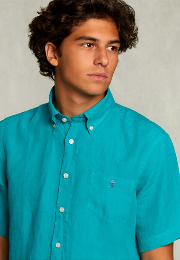 Custom Fit Linen Shirt Short Sleeves Lime - Groen