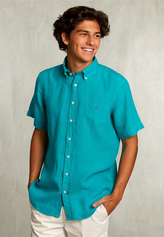 Custom Fit Linen Shirt Short Sleeves Lime - Groen