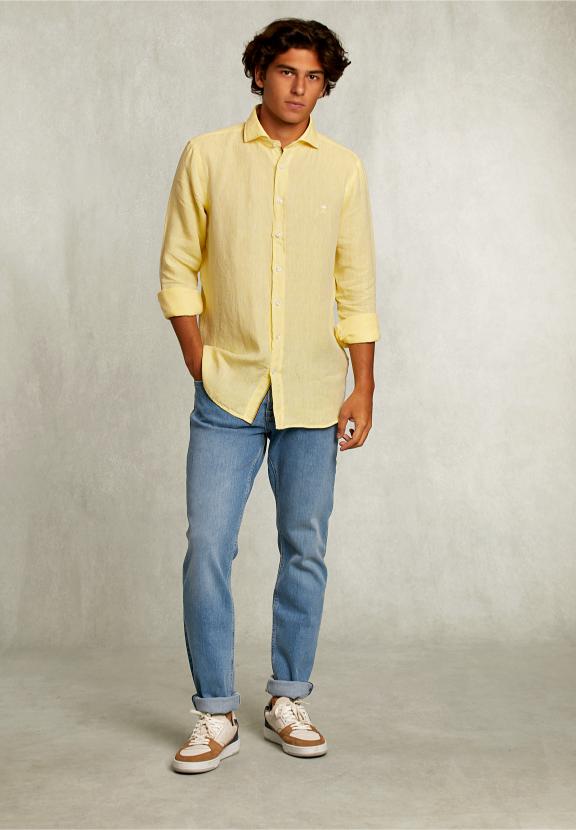 Custom Fit Linen Shirt Butterfly - Geel
