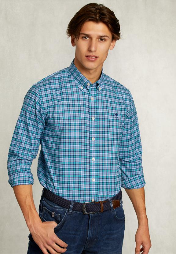 Custom Fit Checked Shirt Blue/Green - Vert
