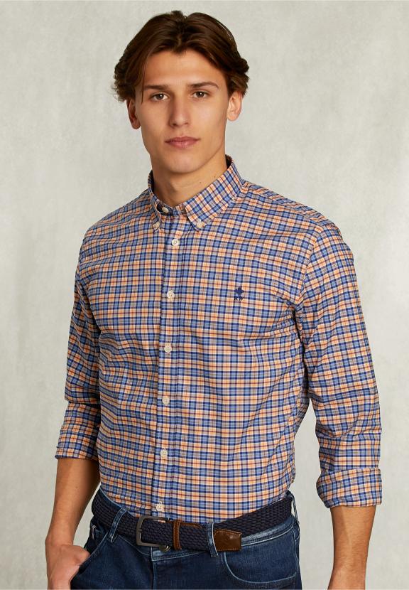 Custom Fit Checked Shirt Orange/Blue - Jaune