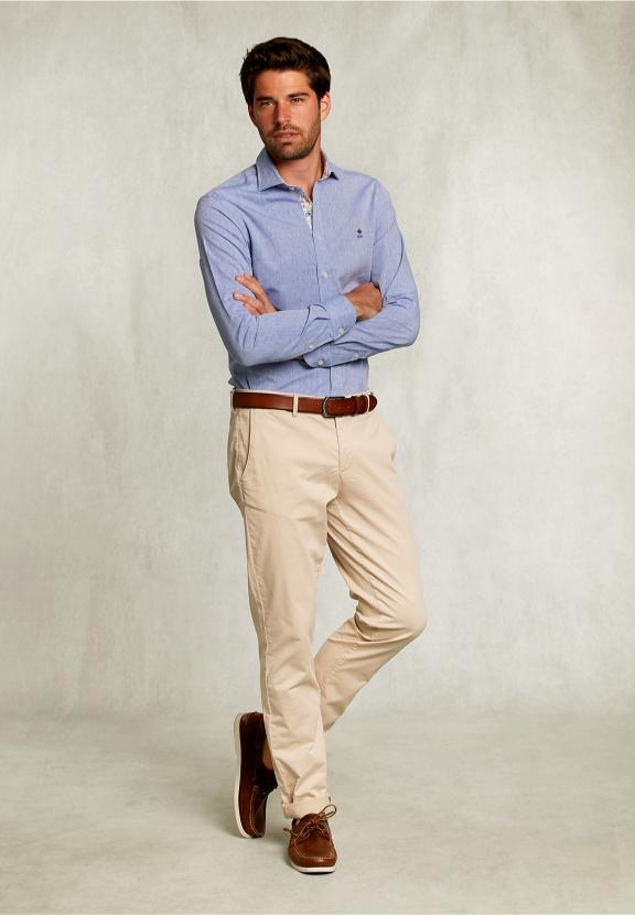 Slim Fit Cotton-Linen Shirt Blue - Bleu